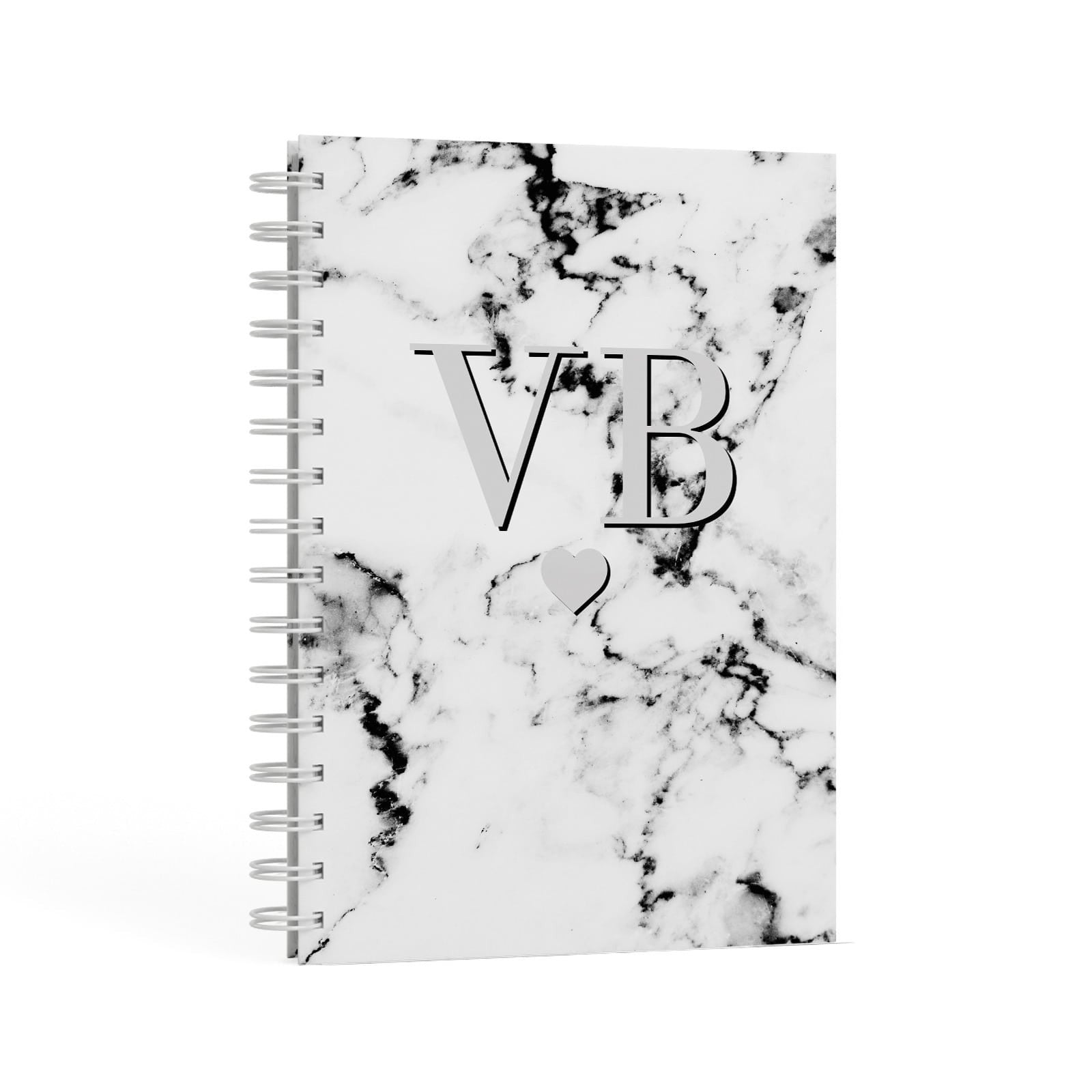 Personalised Grey Initialed Marble Heart A5 Hardcover Notebook Second Side View