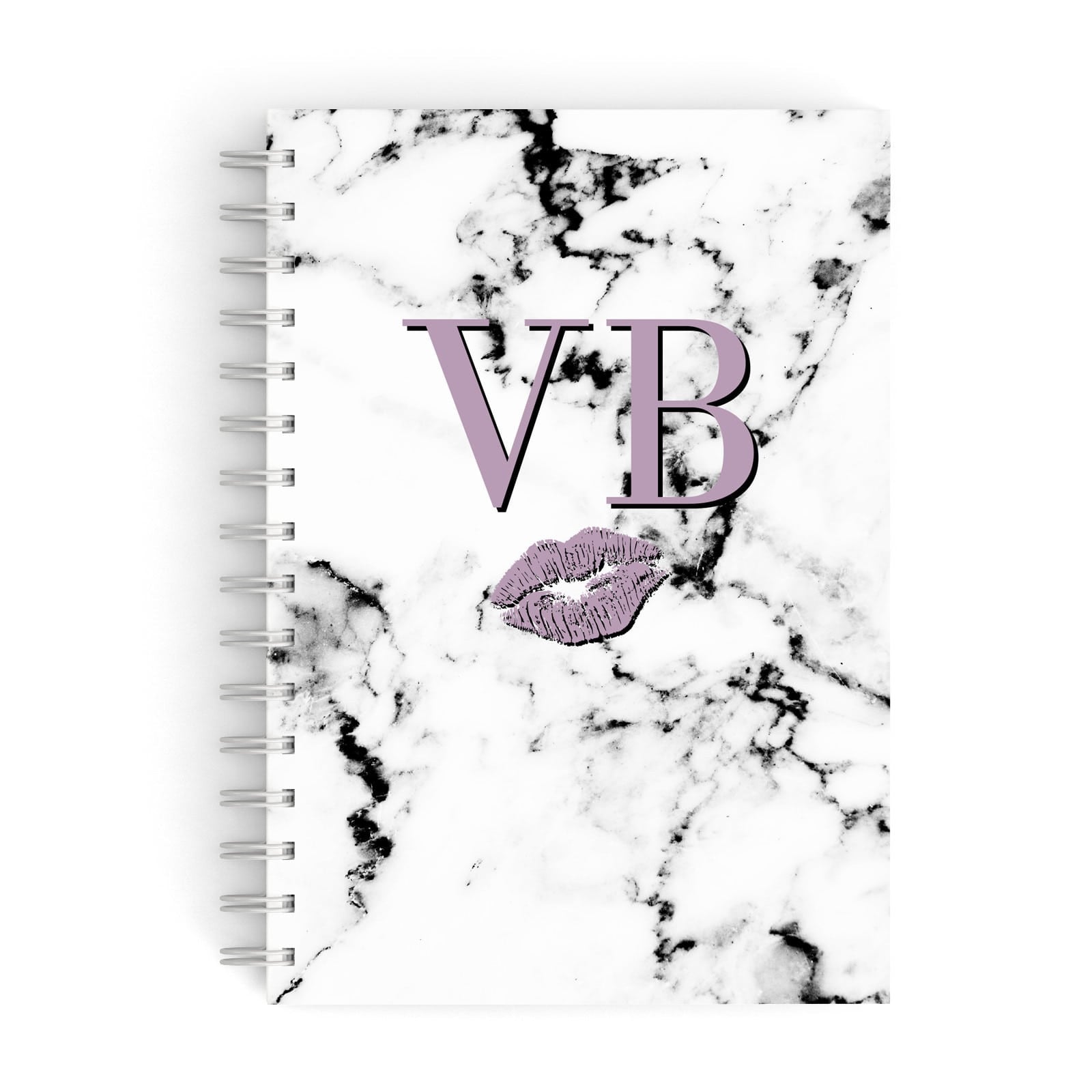 Personalised Lipstick Kiss Initials Marble A5 Hardcover Notebook