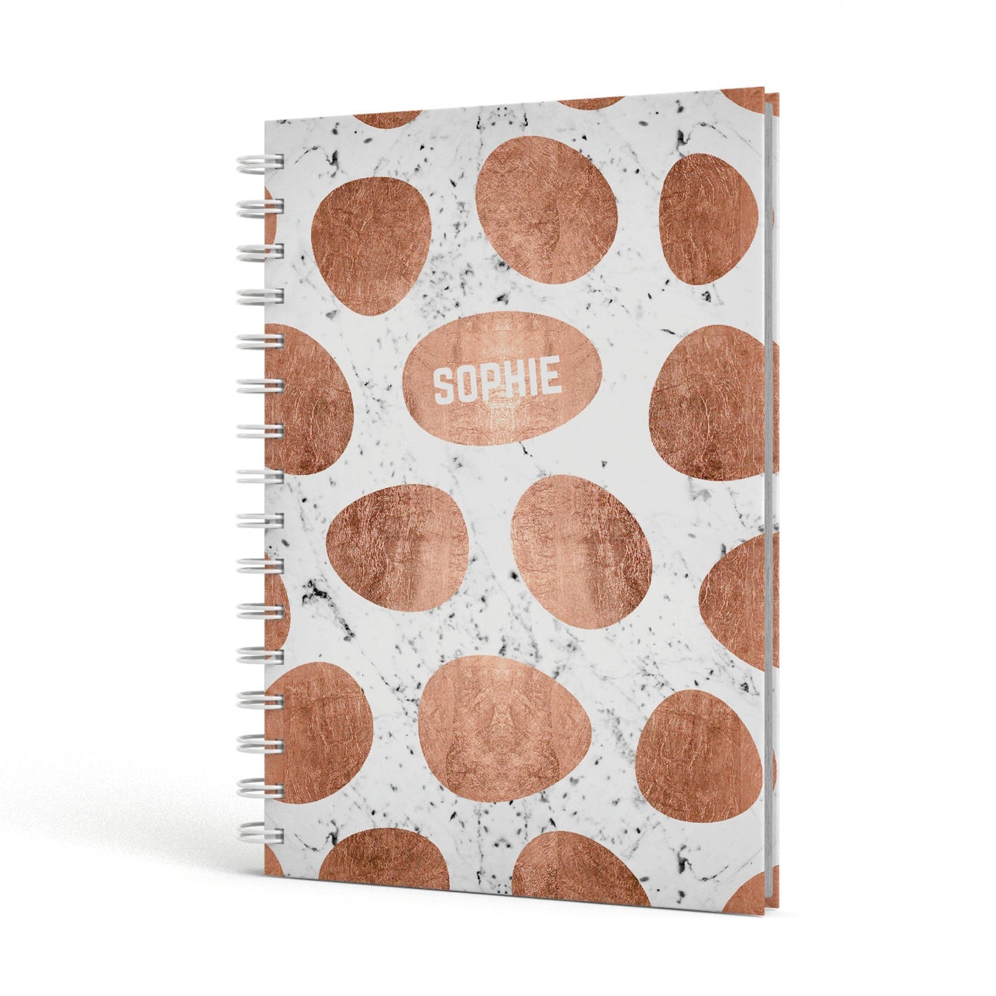 Personalised Marble Name Initials Rose Gold Dots A5 Hardcover Notebook Side View