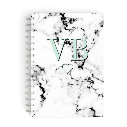 Personalised Mint Monogrammed Heart Marble A5 Hardcover Notebook