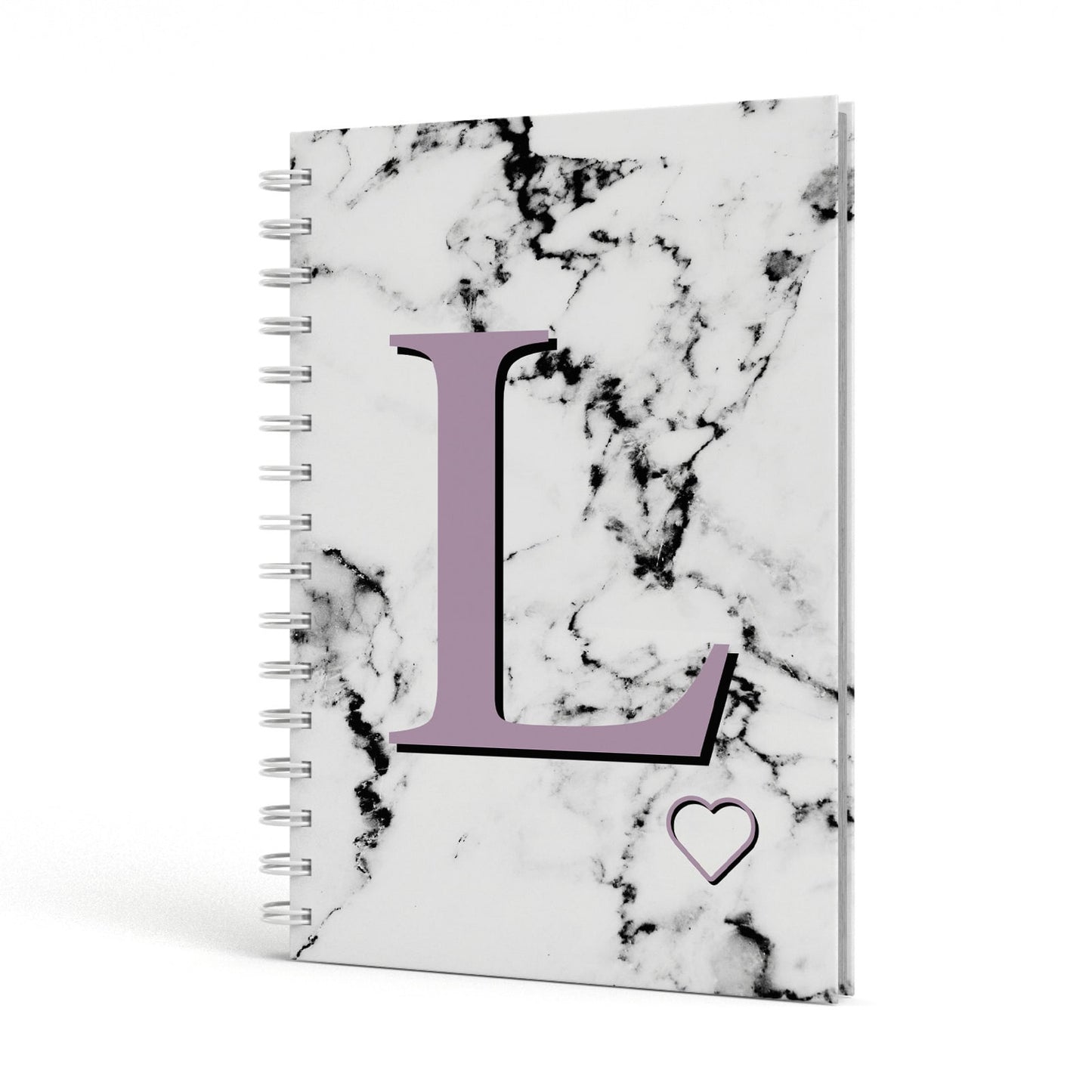 Personalised Purple Monogram Marble Heart A5 Hardcover Notebook Side View