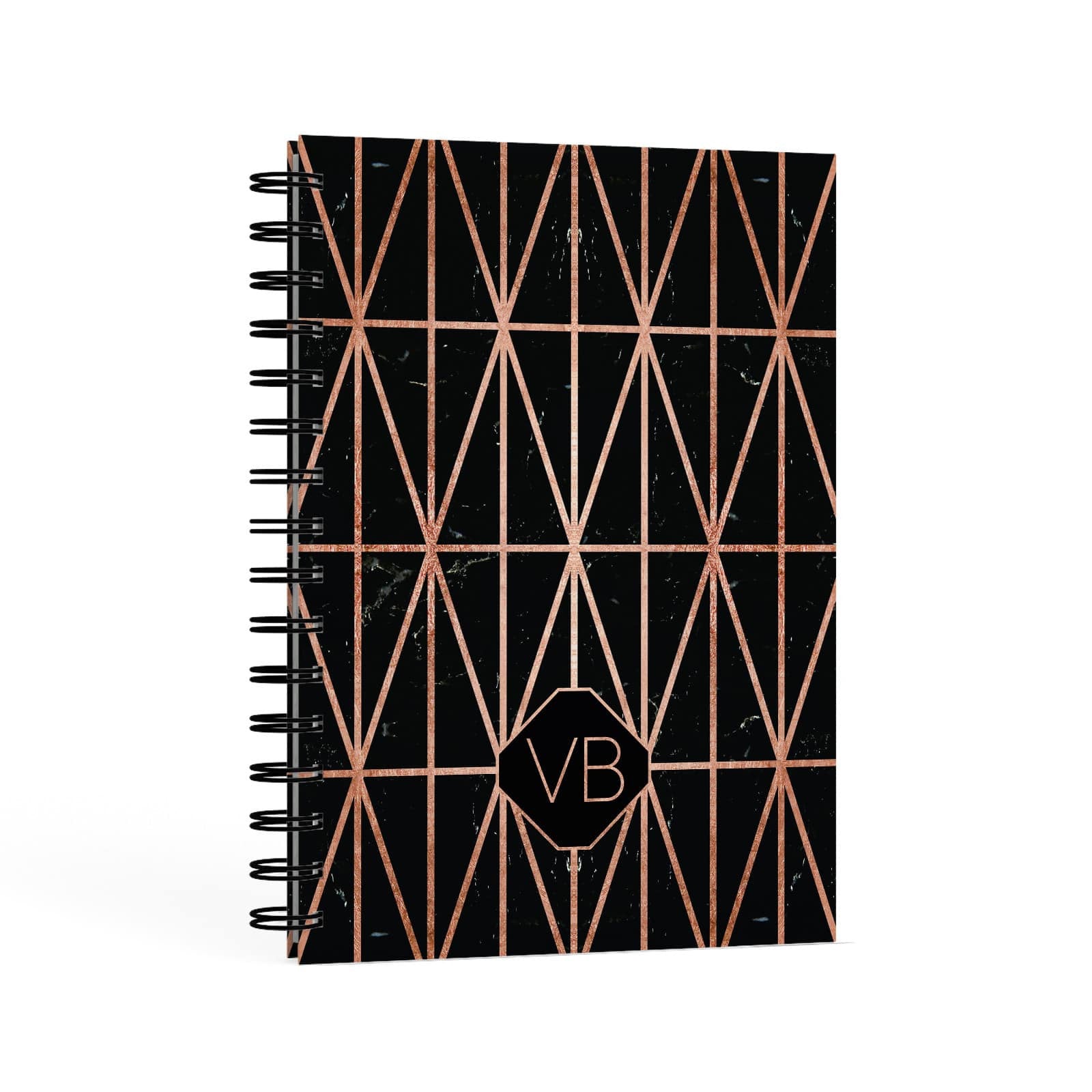Personalised Rose Gold & Triangle Marble A5 Hardcover Notebook Second Side View