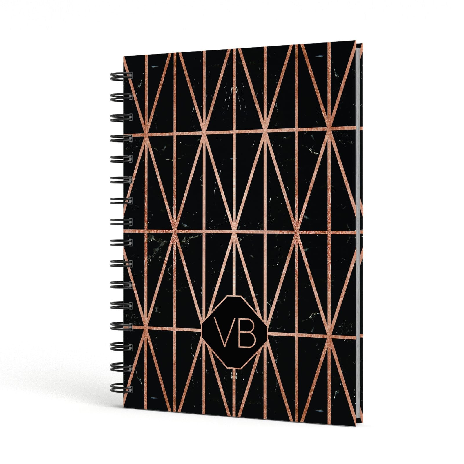 Personalised Rose Gold & Triangle Marble A5 Hardcover Notebook Side View
