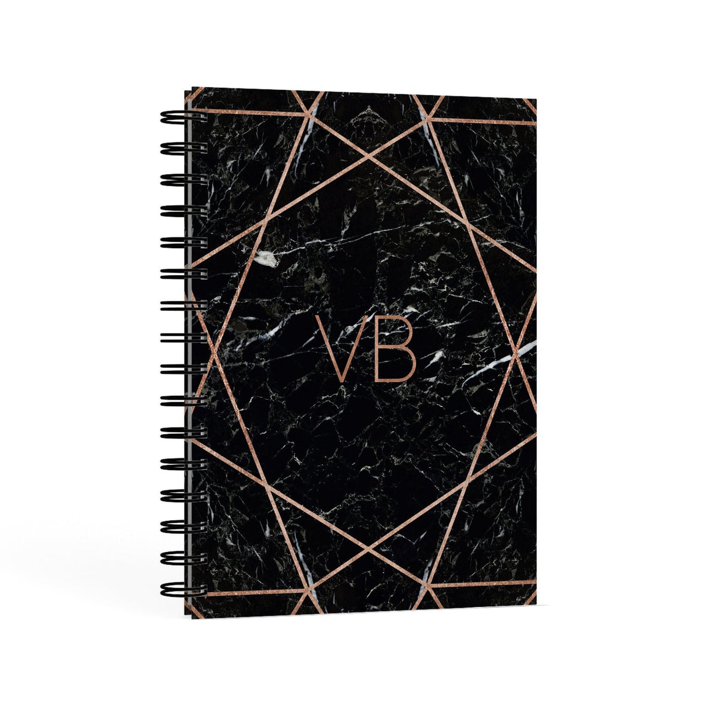 Personalised Rose Gold Geometric Initials A5 Hardcover Notebook Second Side View