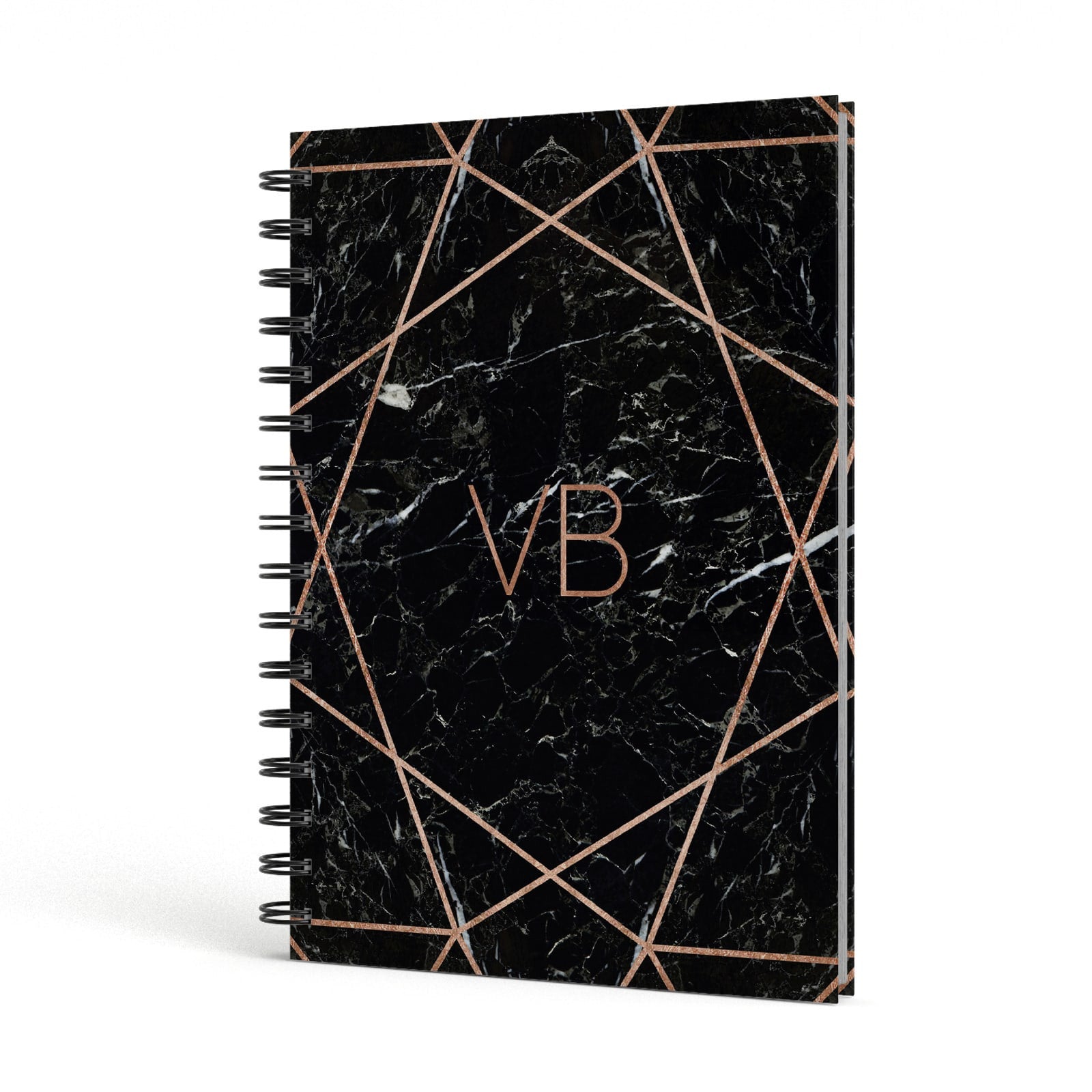 Personalised Rose Gold Geometric Initials A5 Hardcover Notebook Side View