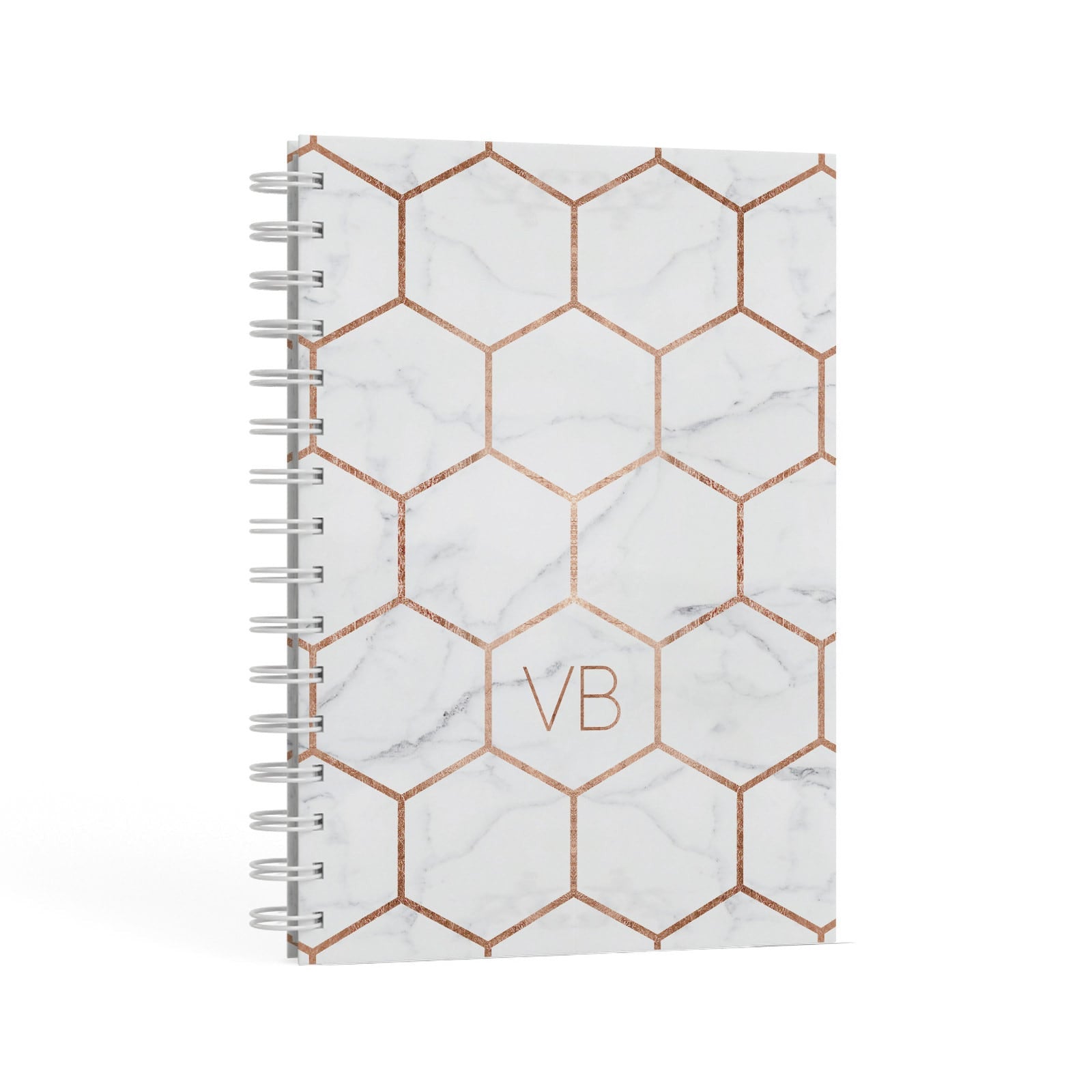 Personalised Rose Gold Grey Marble Hexagon A5 Hardcover Notebook Second Side View