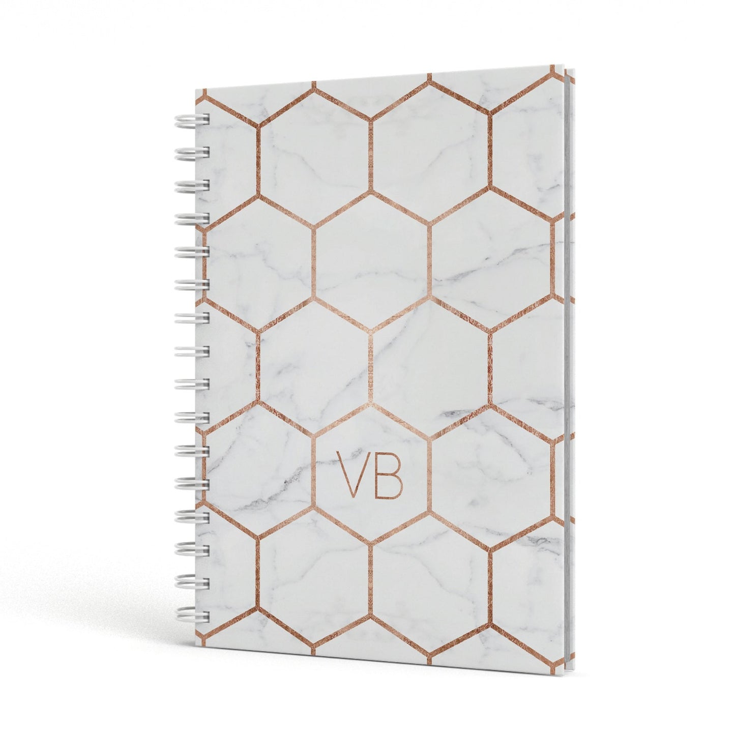 Personalised Rose Gold Grey Marble Hexagon A5 Hardcover Notebook Side View