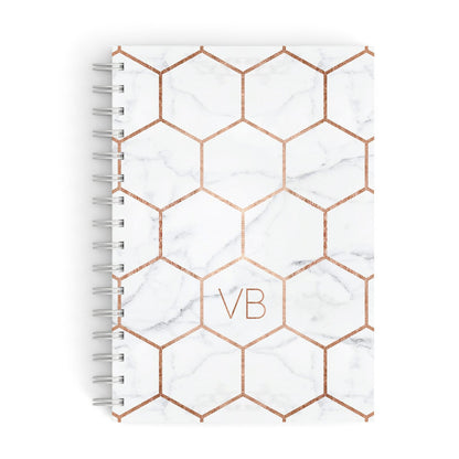 Personalised Rose Gold Grey Marble Hexagon A5 Hardcover Notebook