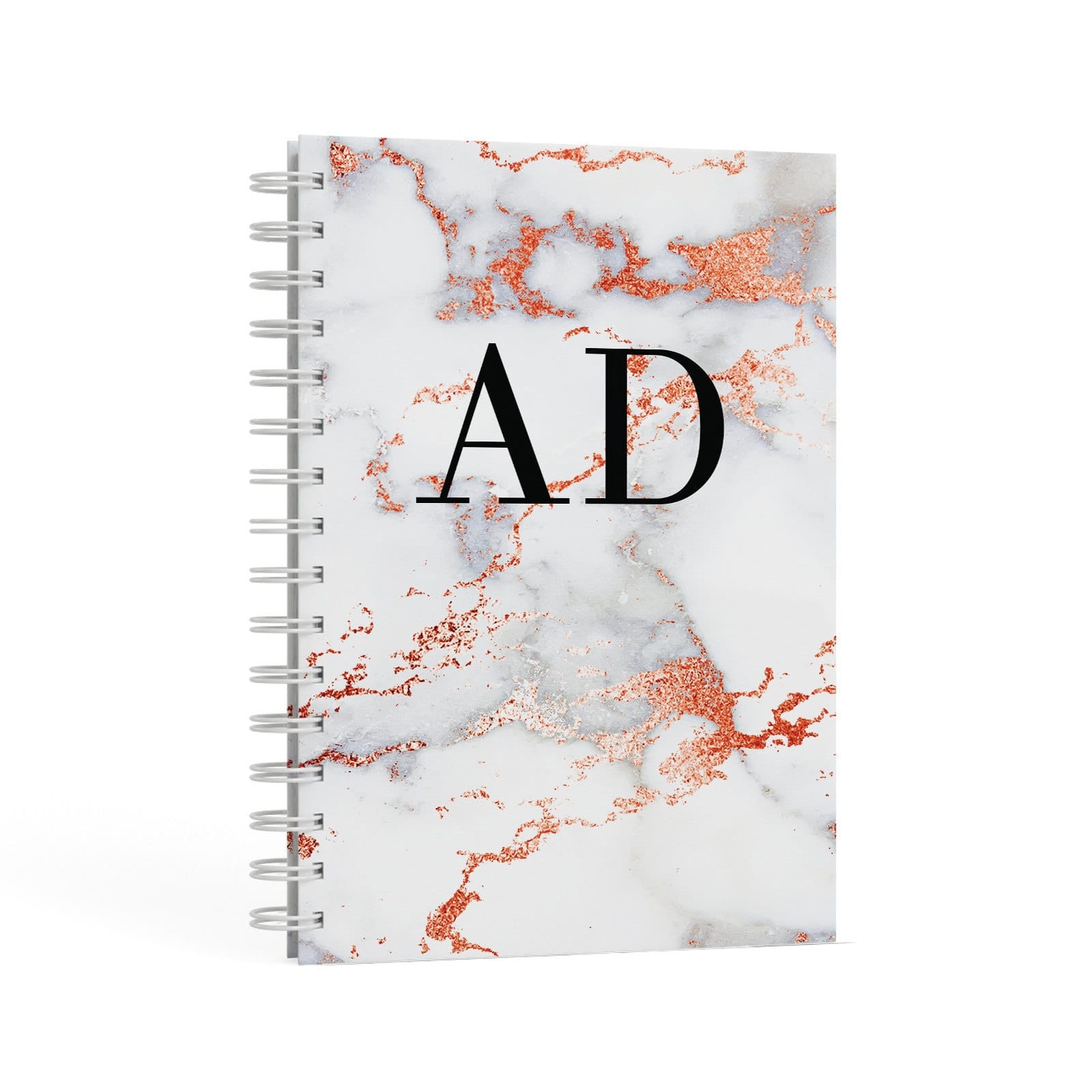 Personalised Rose Gold Marble Initials A5 Hardcover Notebook Second Side View