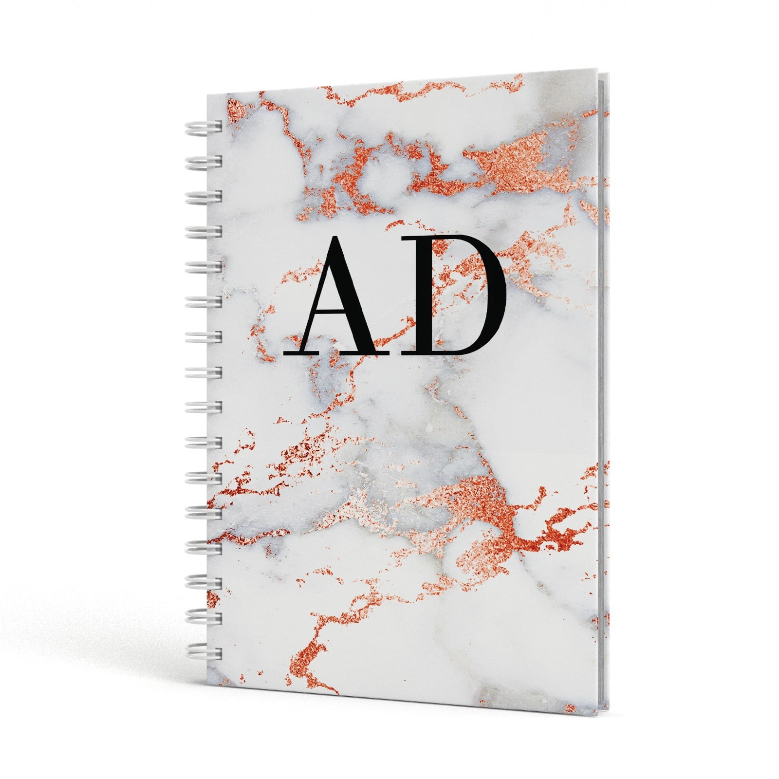 Personalised Rose Gold Marble Initials A5 Hardcover Notebook Side View