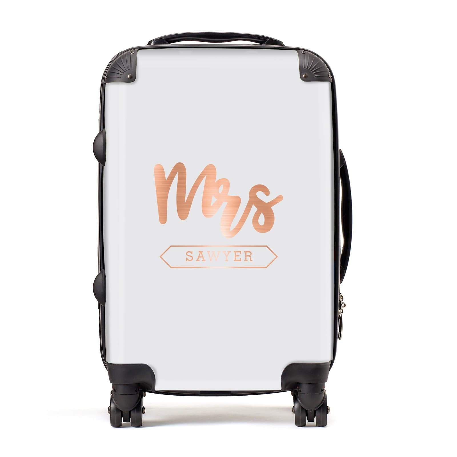 Personalised Rose Gold Mrs Surname On Grey Suitcase