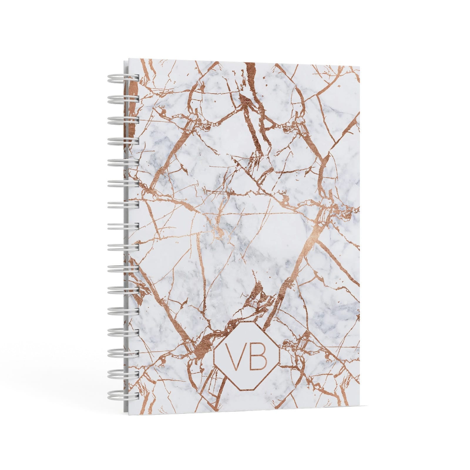 Personalised Rose Gold Vein Marble Initials A5 Hardcover Notebook Second Side View
