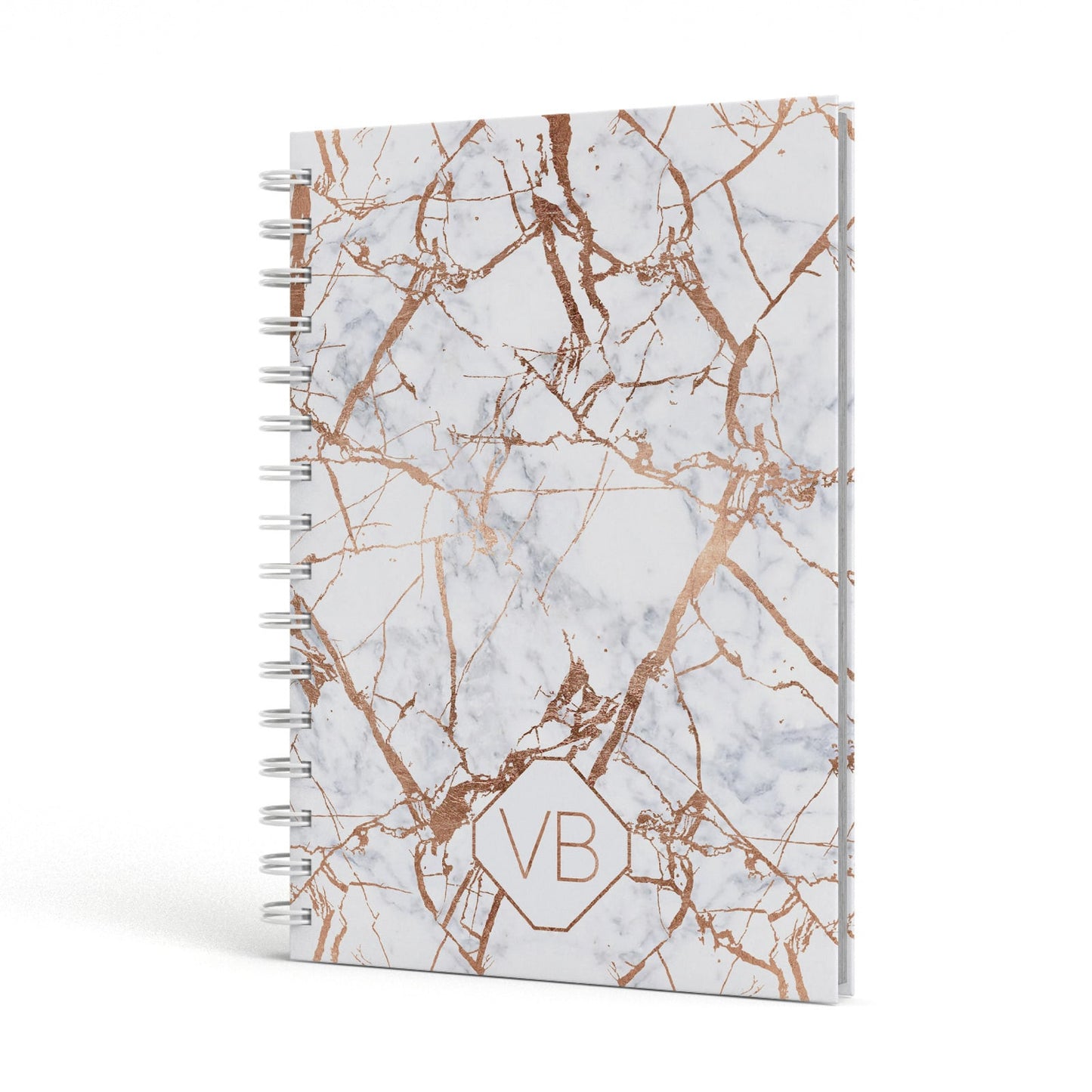 Personalised Rose Gold Vein Marble Initials A5 Hardcover Notebook Side View