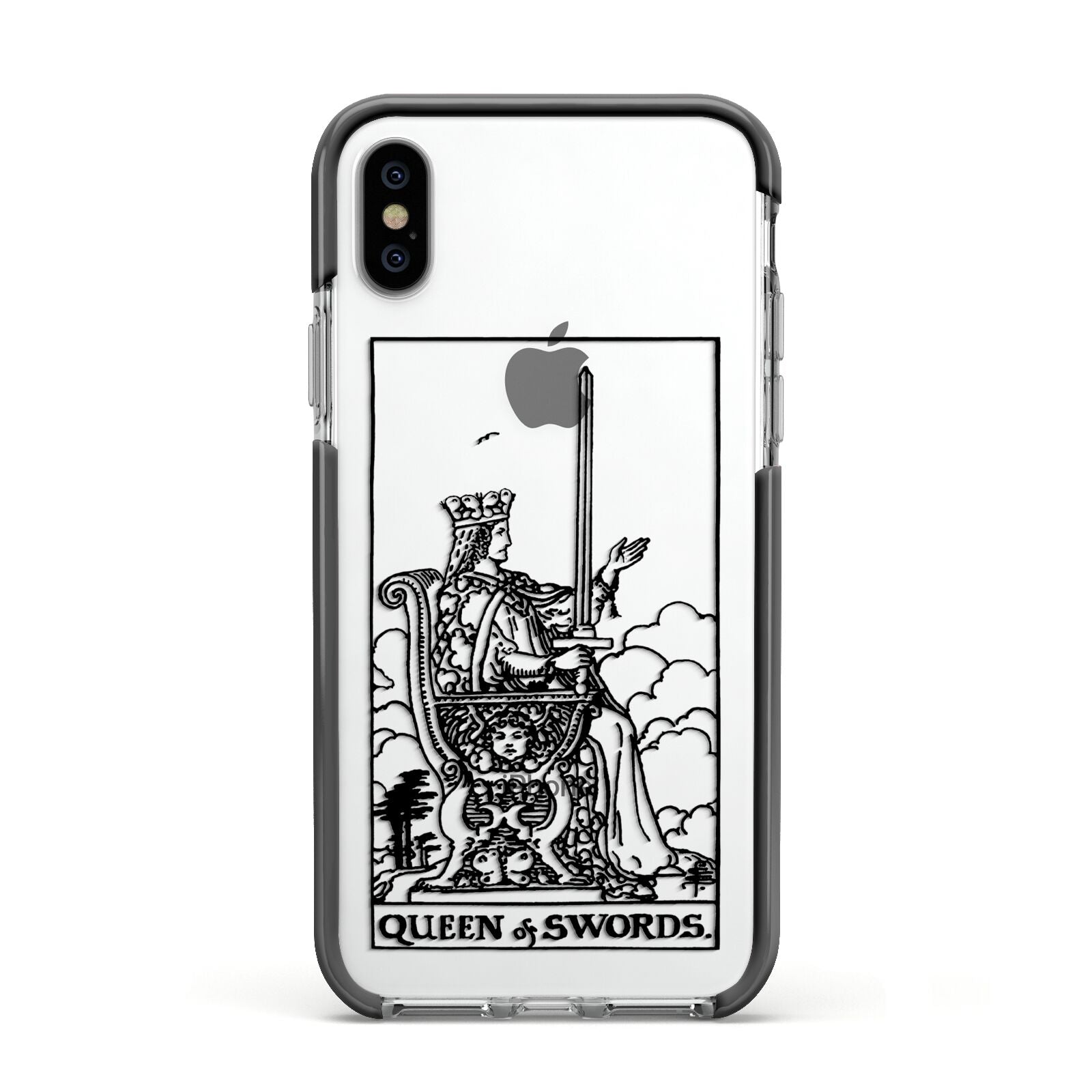 Queen of Swords Monochrome Apple iPhone Xs Impact Case Black Edge on Silver Phone