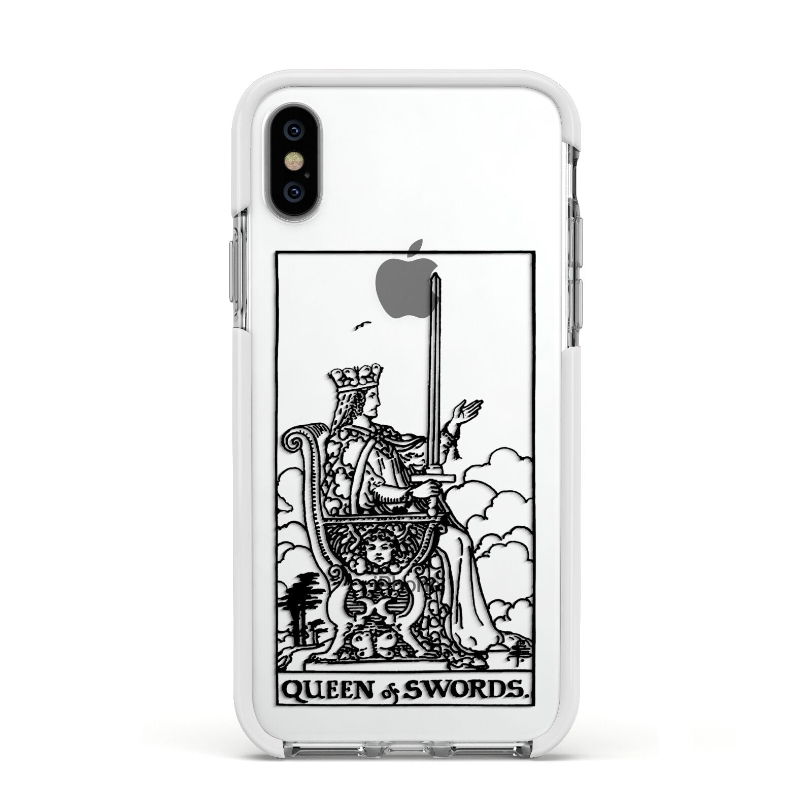 Queen of Swords Monochrome Apple iPhone Xs Impact Case White Edge on Silver Phone