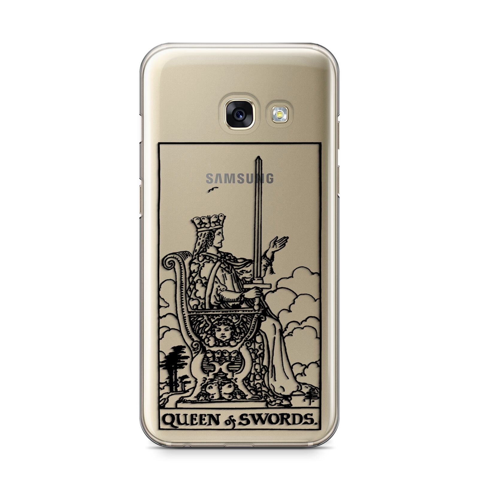 Queen of Swords Monochrome Samsung Galaxy A3 2017 Case on gold phone