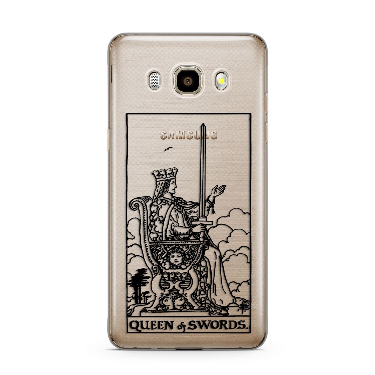 Queen of Swords Monochrome Samsung Galaxy J7 2016 Case on gold phone