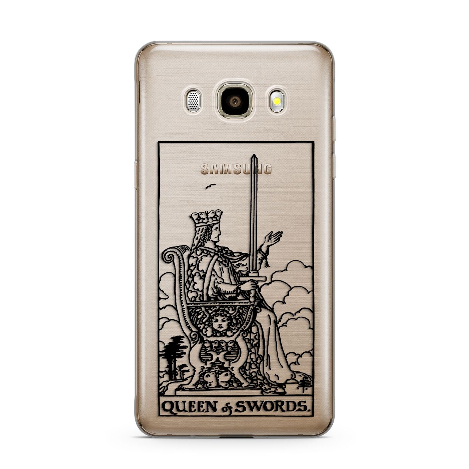 Queen of Swords Monochrome Samsung Galaxy J7 2016 Case on gold phone