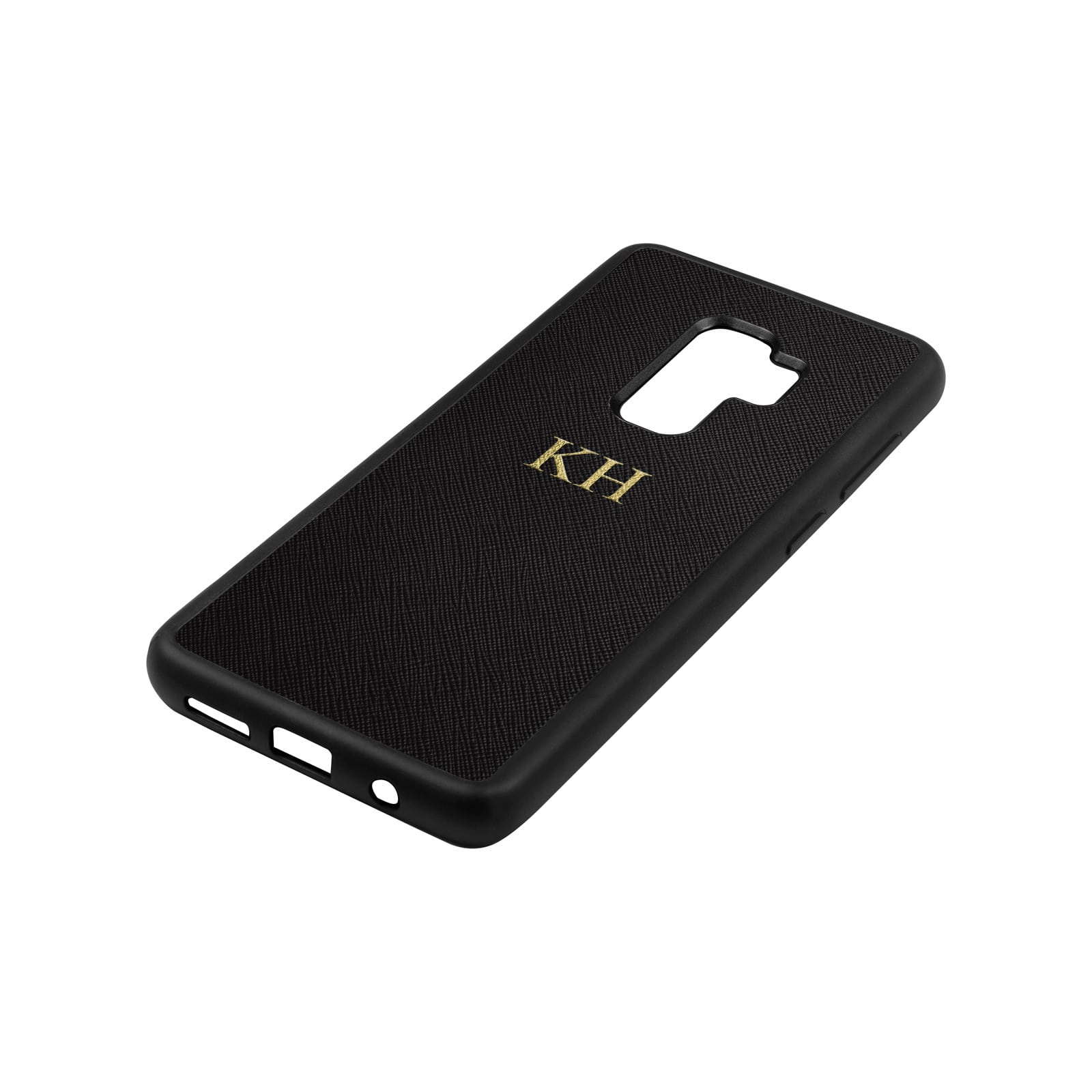 Personalised Black Saffiano Leather Samsung S9 Plus Case Side Angle
