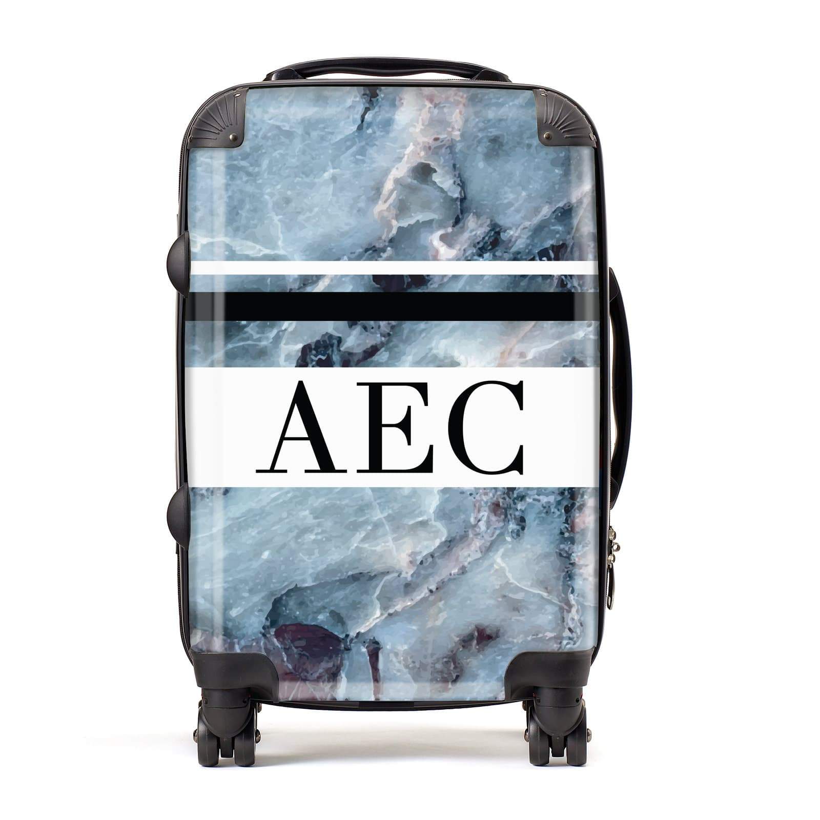 Striped Initials Blue Marble Personalised Suitcase