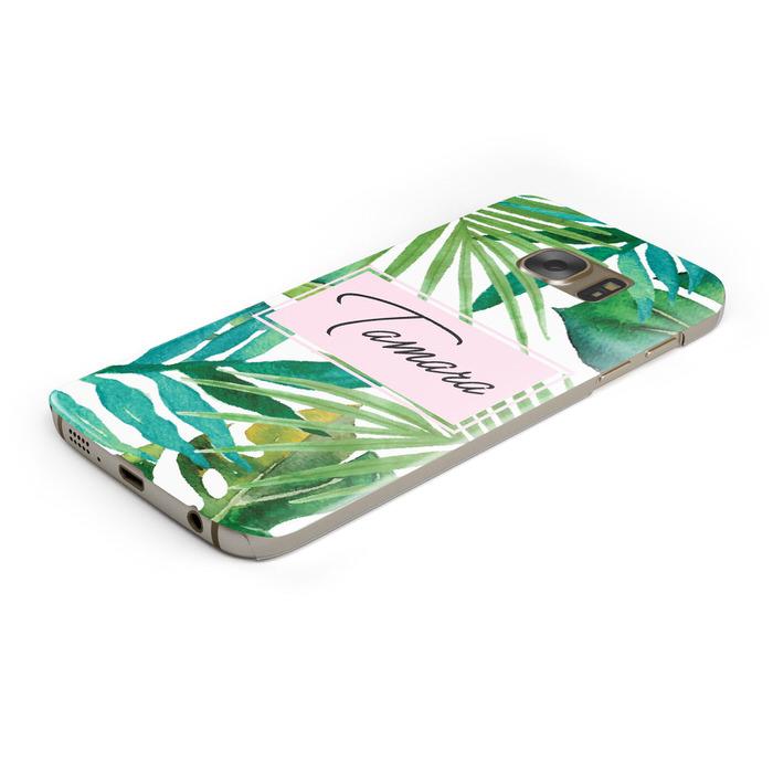 Personalised Tropical Leaf Pink Name Samsung Galaxy Case Bottom Cutout
