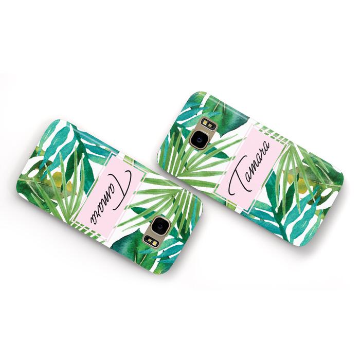 Personalised Tropical Leaf Pink Name Samsung Galaxy Case Flat Overview