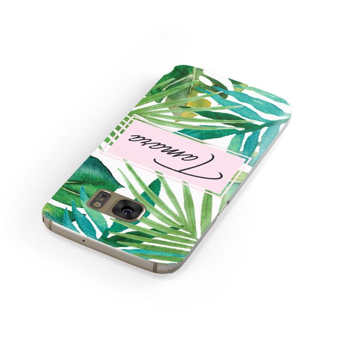 Personalised Tropical Leaf Pink Name Samsung Galaxy Case Front Close Up