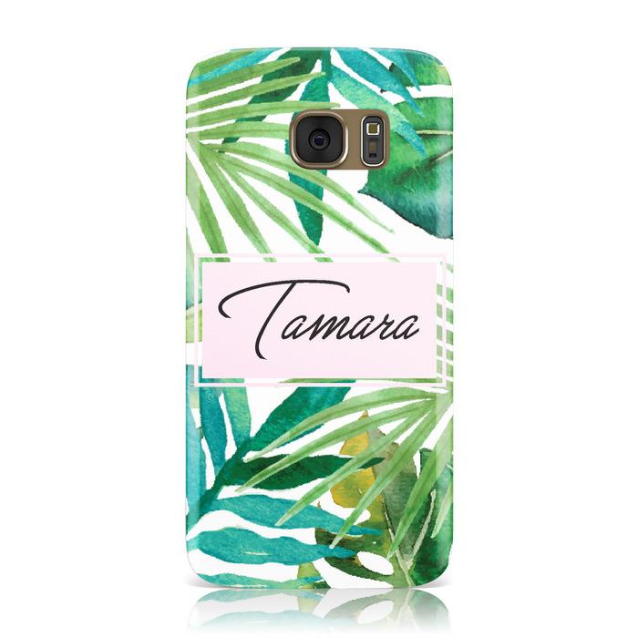 Personalised Tropical Leaf Pink Name Samsung Galaxy Case
