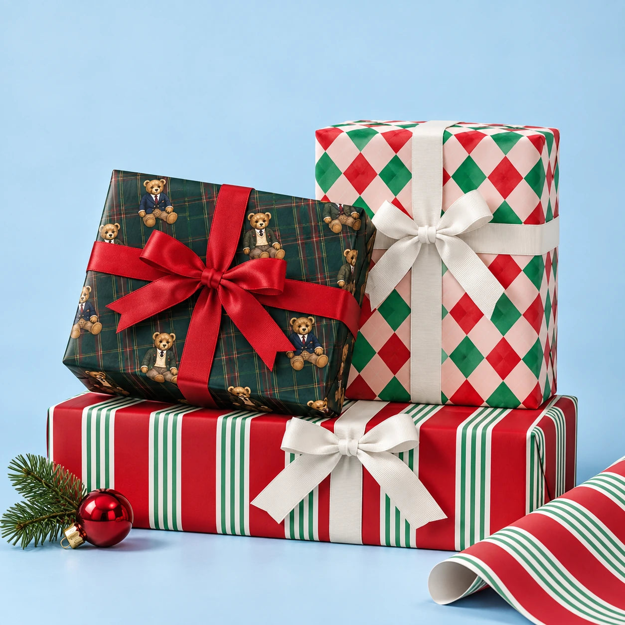 Teddy Traditions, festive harlequin and candy-cane striped Christmas gifts with red satin and ivory bows on an icy-blue studio background