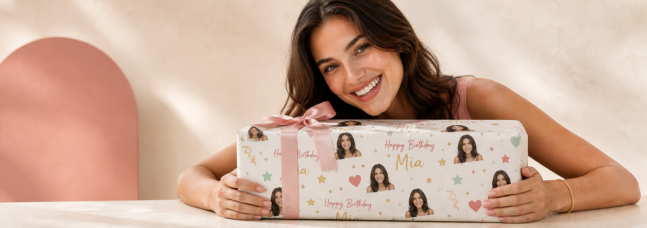 Model holding personalised birthday wrapping paper gift