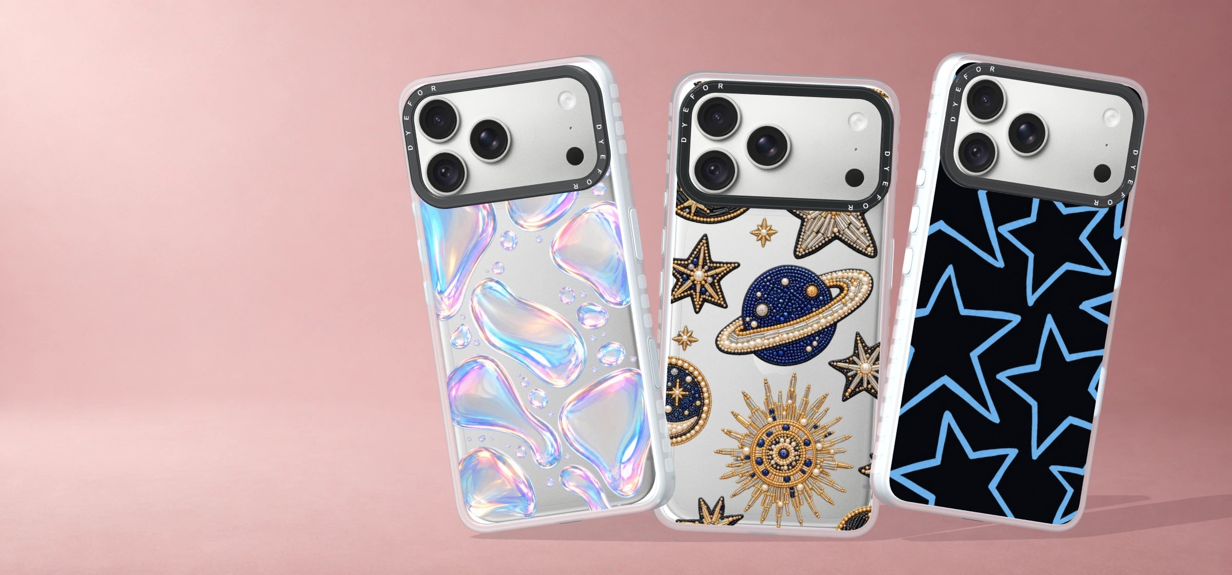 Opal Drift, Moonlit Charms and Blue Hour Stars on the new silver-phone DYEFOR case render against a blush studio background