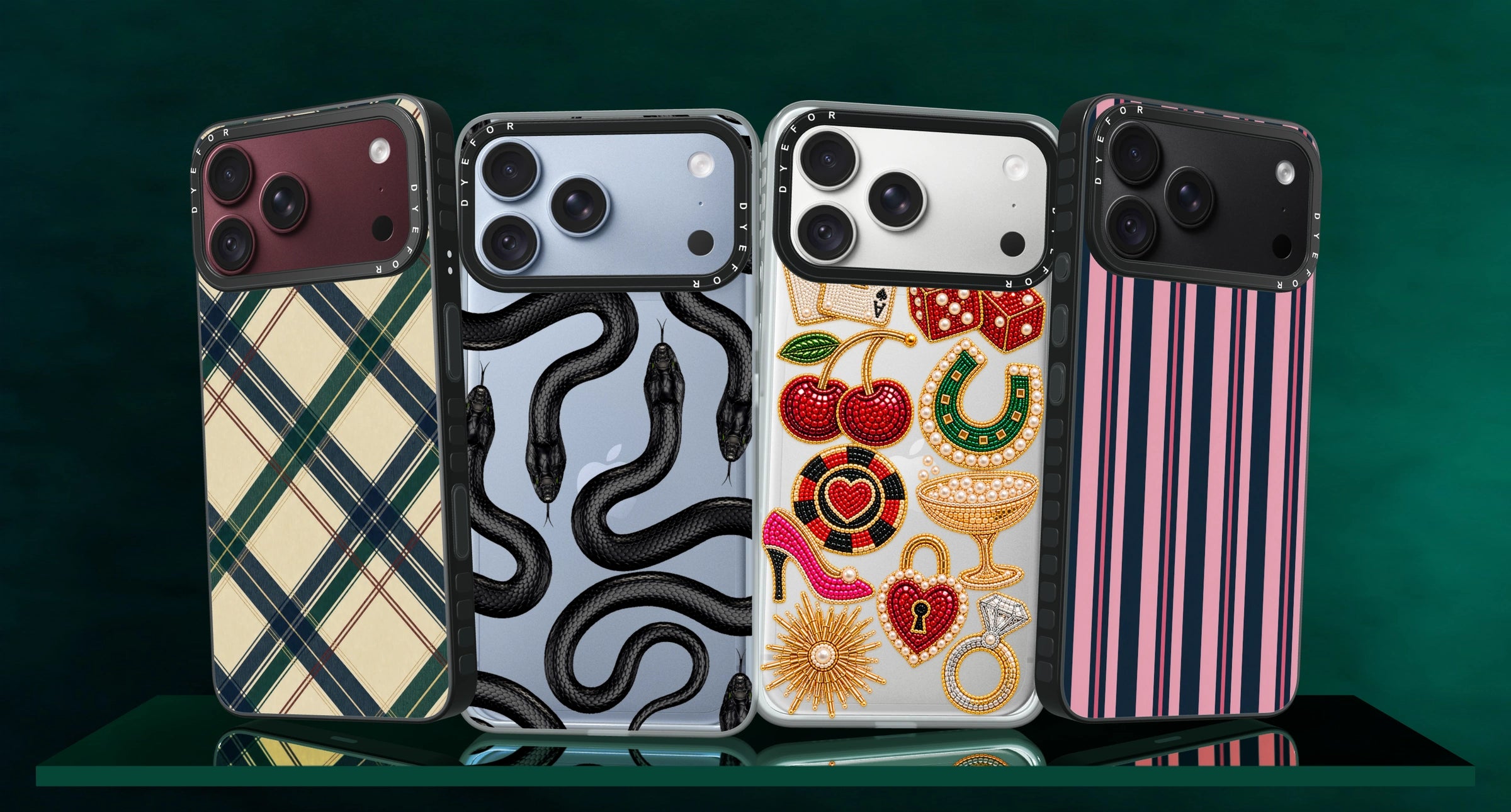 Four Dyefor cases on Burgundy, Glacier, Silver and Black phones: Heritage Club Plaid, transparent Snake Pattern and Vegas After Dark cases, and Midnight Candy