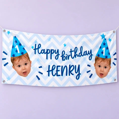 Close-up of a personalised blue birthday banner
