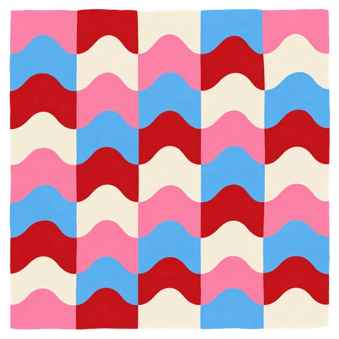 Pink, red and sky-blue wavy checkerboard pattern swatch