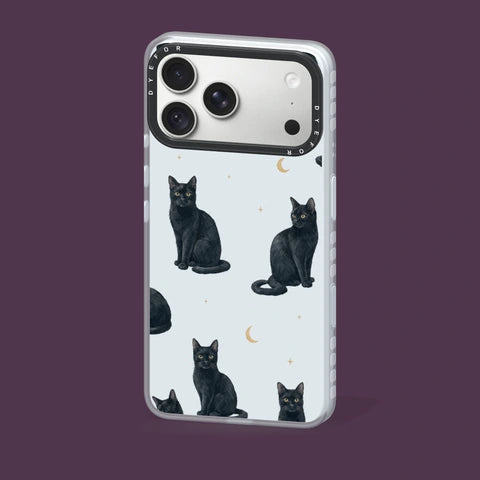 Moonlit Mews phone case standing on a plum studio surface