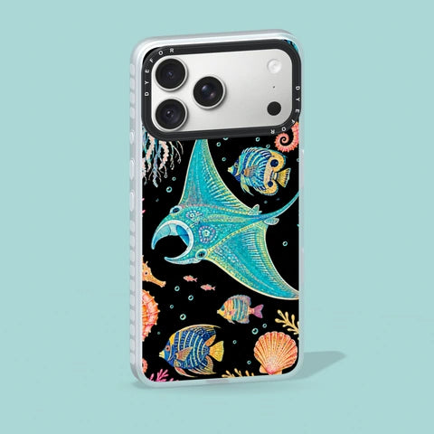 Electric Reef phone case standing on an aqua studio surface