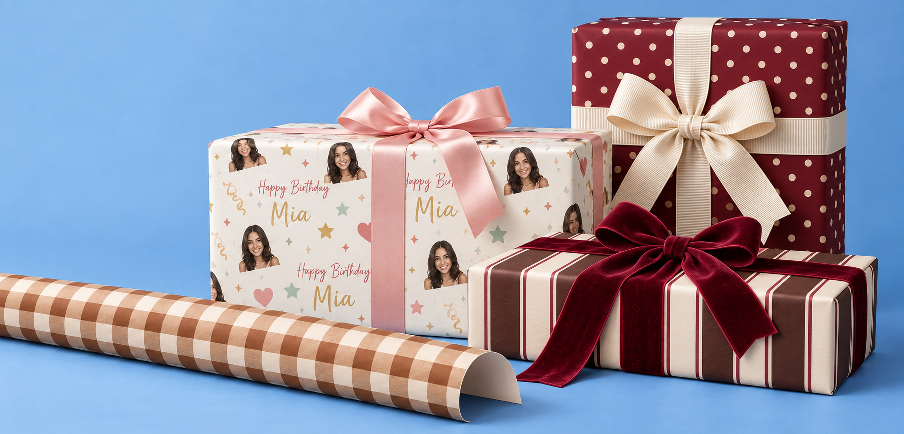 Personalised birthday, polka-dot and striped wrapping paper gifts with textured bows on a blue studio background